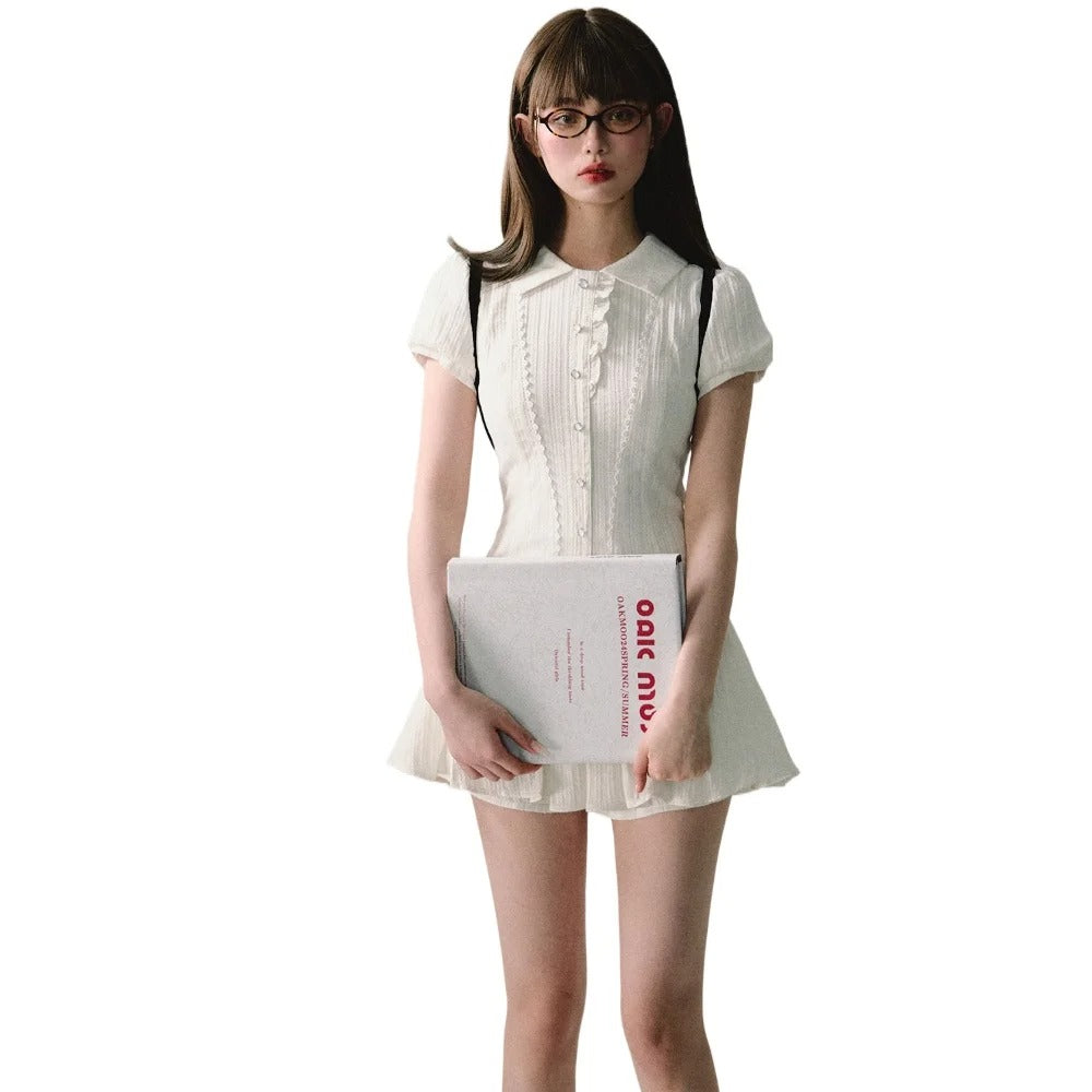 Elegant Lace A-Line Mini Dress – Vintage Y2K Chic Short-Sleeve Shirt Dress