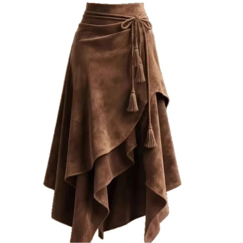 Vintage Lace-Up Irregular A-Line Midi Skirt for Women – Elegant Streetwear Style