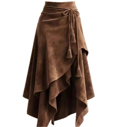 Vintage Lace-Up Irregular A-Line Midi Skirt for Women – Elegant Streetwear Style
