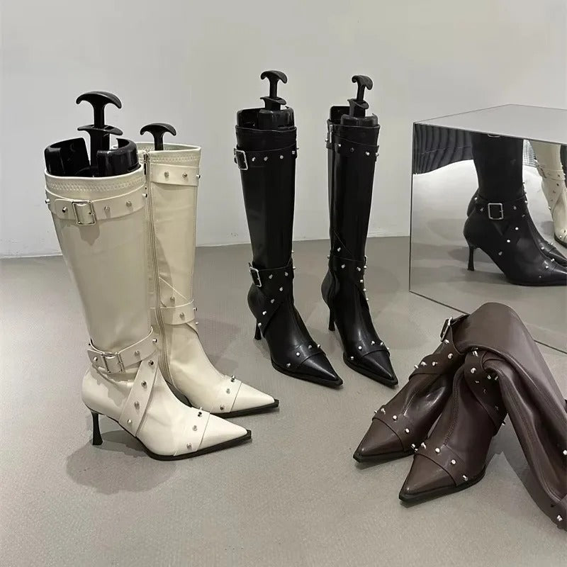 2026 Women's Elegant Pointed-Toe High-Heeled Riding Boots-Slim-Fit TallBoots with Studded Belt Detail