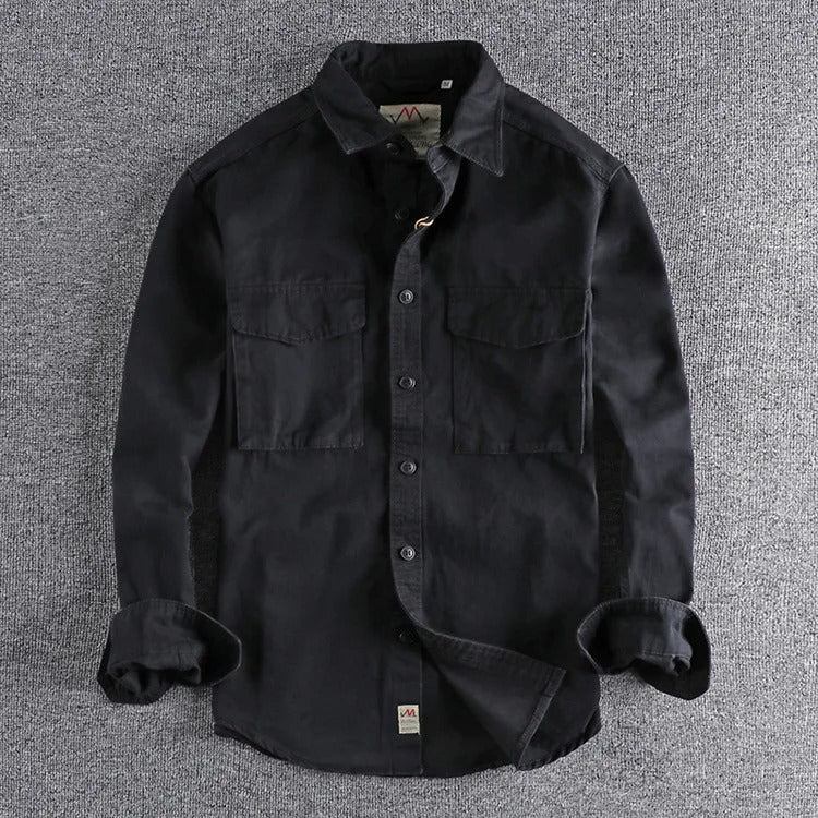 Men’s Japanese Vintage Cotton Long-Sleeve Shirt – Relaxed Fit Casual Streetwear