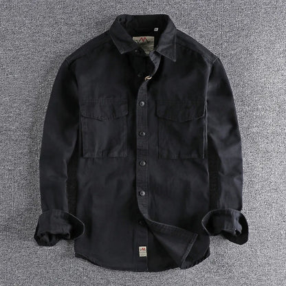 Men’s Japanese Vintage Cotton Long-Sleeve Shirt – Relaxed Fit Casual Streetwear