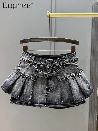 American Retro Camouflage Pleated Denim Mini Skirt – High-Waist A-Line Fashion Skirt