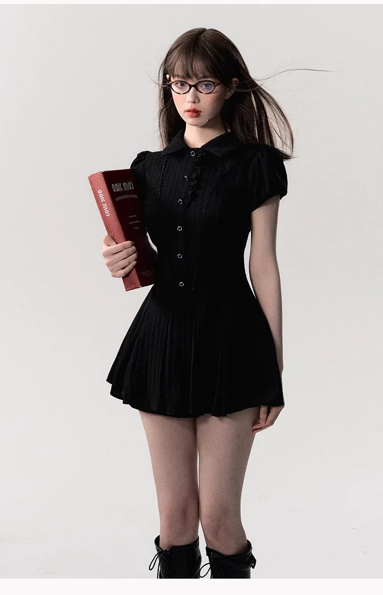 Elegant Lace A-Line Mini Dress – Vintage Y2K Chic Short-Sleeve Shirt Dress