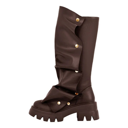 Women’s Fold-Over Slouchy Platform Boots – Round Toe, Button Detail &amp; Mid-Calf Block Heel Western Style