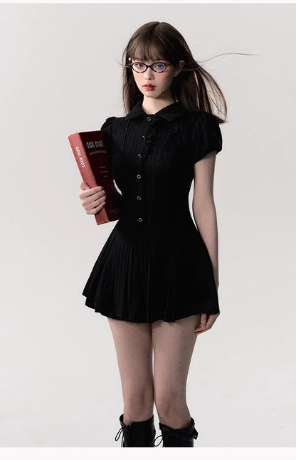 Elegant Lace A-Line Mini Dress – Vintage Y2K Chic Short-Sleeve Shirt Dress