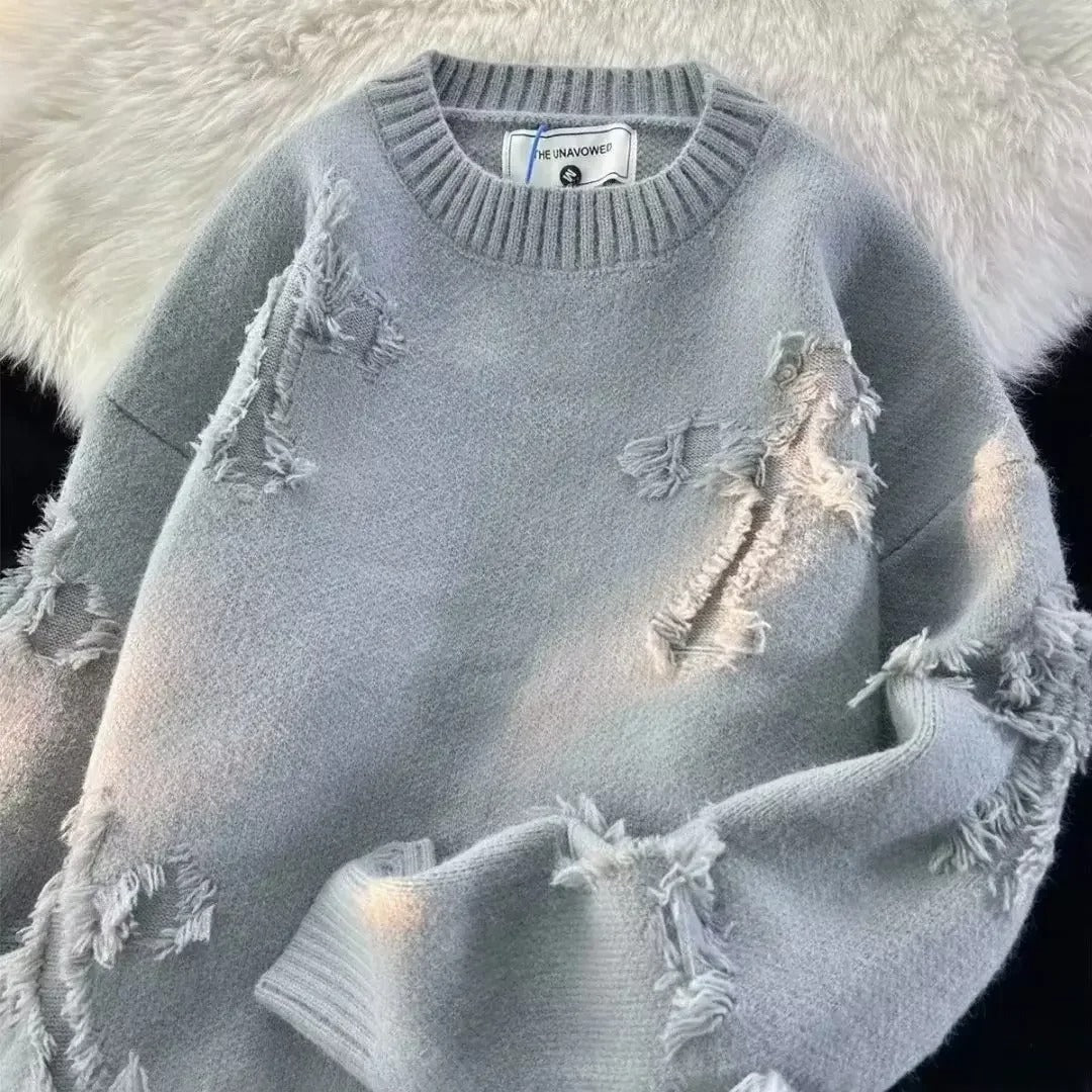2026 Men’s Vintage Distressed Knit Sweater – Street Style Broken-Hole Pullover for Autumn &amp; Winter