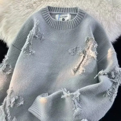 2026 Men’s Vintage Distressed Knit Sweater – Street Style Broken-Hole Pullover for Autumn &amp; Winter