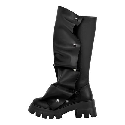 Women’s Fold-Over Slouchy Platform Boots – Round Toe, Button Detail &amp; Mid-Calf Block Heel Western Style