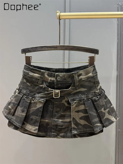 American Retro Camouflage Pleated Denim Mini Skirt – High-Waist A-Line Fashion Skirt