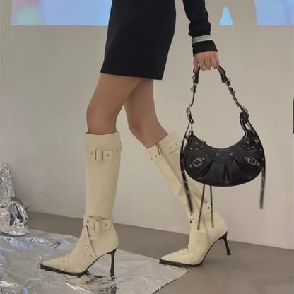 2026 Women's Elegant Pointed-Toe High-Heeled Riding Boots-Slim-Fit TallBoots with Studded Belt Detail